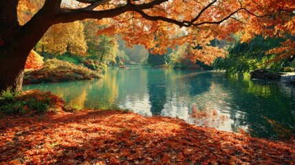The tranquil autumn landscape with colorful foliage reflecting on a peaceful lake.