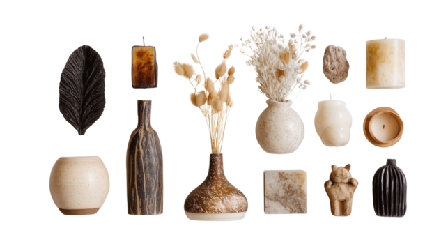 Artisan Home Decor: A flat lay of artisan home decor items like handmade candles, vases, and figurines, isolated on a Transparent background, PNG file.
