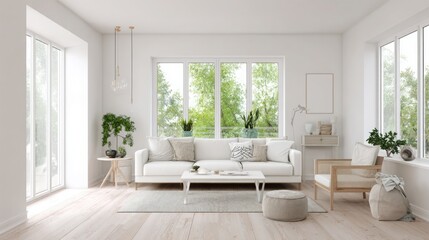 bright minimalist living room interior, large windows, natural light, wooden floor, white walls, cozy furniture, modern decor, indoor plants, Scandinavian style 