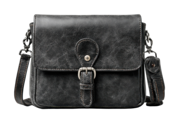 Leather Bag Crossbody Purse Silver Buckle Classic Style Vintage Messenger Style Black Handbag