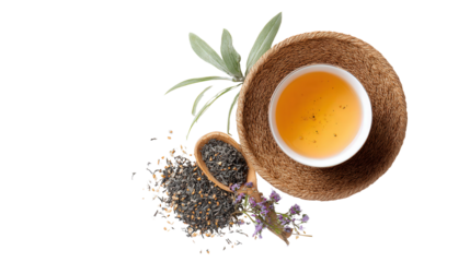 Artisanal Tea and Teacup Flat Lay: A flat lay of artisanal tea and a teacup, isolated on a Transparent background, PNG file.