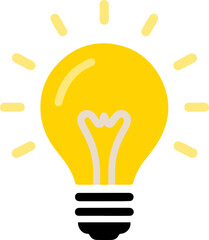 Flat Yellow Light Bulb Icon with Black Base and Glow Lines