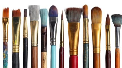 Artistic Brushes and Tools: A flat lay of artistic brushes and tools for painting and drawing, isolated on a Transparent background, PNG file.