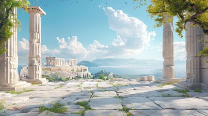 Majestic Ionic Columns Framing Marble Podium Overlooking Ancient Acropolis and Mediterranean Coastline