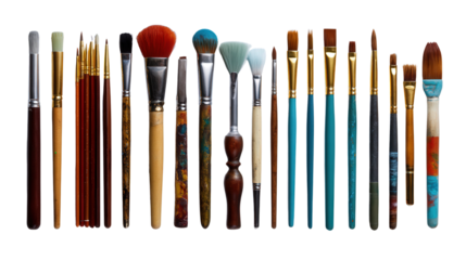 Artistic Paint Brushes and Palette: A flat lay of artistic paint brushes and a watercolor palette, isolated on a Transparent background, PNG file.
