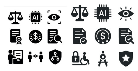 Legal and ai solid icons set – silhouette, filled, justice and technology symbols