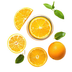 Fototapeta premium Fresh orange slices and leaves arranged in a circular pattern