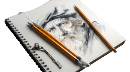 Artistic Pencil and Sketchbook: A flat lay of an artistic pencil and sketchbook with a finished sketch, isolated on a Transparent background, PNG file.