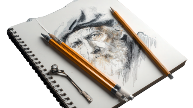 Artistic Pencil and Sketchbook: A flat lay of an artistic pencil and sketchbook with a finished sketch, isolated on a Transparent background, PNG file.