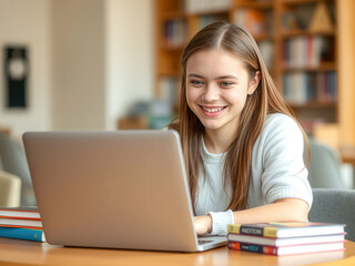 Young smiling female student studying materials in laptop