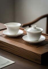 Ceramic Tea Set on Wooden Tray in Ambient Light