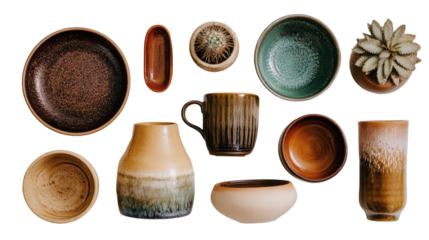 Artistic Pottery and Ceramic Items: A flat lay of artistic pottery and ceramic items like bowls, vases, and mugs, isolated on a Transparent background, PNG file.