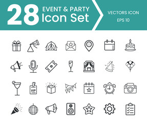 Collection of 28 outline icons for events and parties