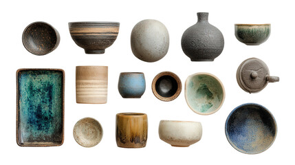 Artistic Pottery Items: A flat lay of artistic pottery items like handmade mugs, bowls, and vases, isolated on a Transparent background, PNG file.