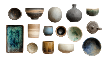 Artistic Pottery Items: A flat lay of artistic pottery items like handmade mugs, bowls, and vases, isolated on a Transparent background, PNG file.