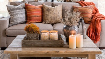 Fototapeta premium cozy autumn living room, warm throw blankets, orange and brown tones, candles, soft lighting, wooden coffee table, seasonal decor