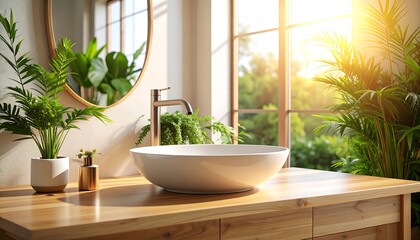 Bright bathroom with plants and sunlight