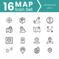 Collection of 16 outline map and navigation icons for digital use