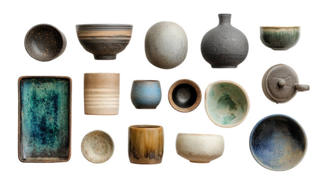 Artistic Pottery Items: A flat lay of artistic pottery items like handmade mugs, bowls, and vases, isolated on a Transparent background, PNG file.