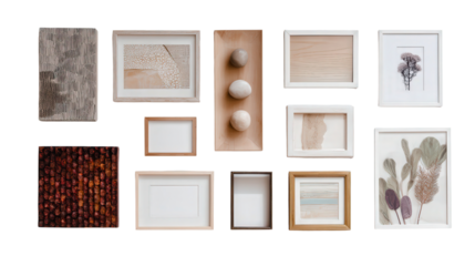 Artistic Wall Decor for Home: A flat lay of artistic wall decor pieces like prints, frames, and paintings, isolated on a Transparent background, PNG file.