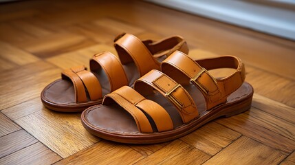 Stylish tan leather strappy sandals on a wooden floor