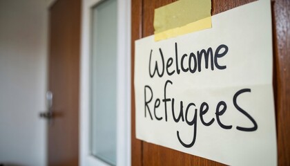 Welcome sign for refugees on wooden door in indoor setting  