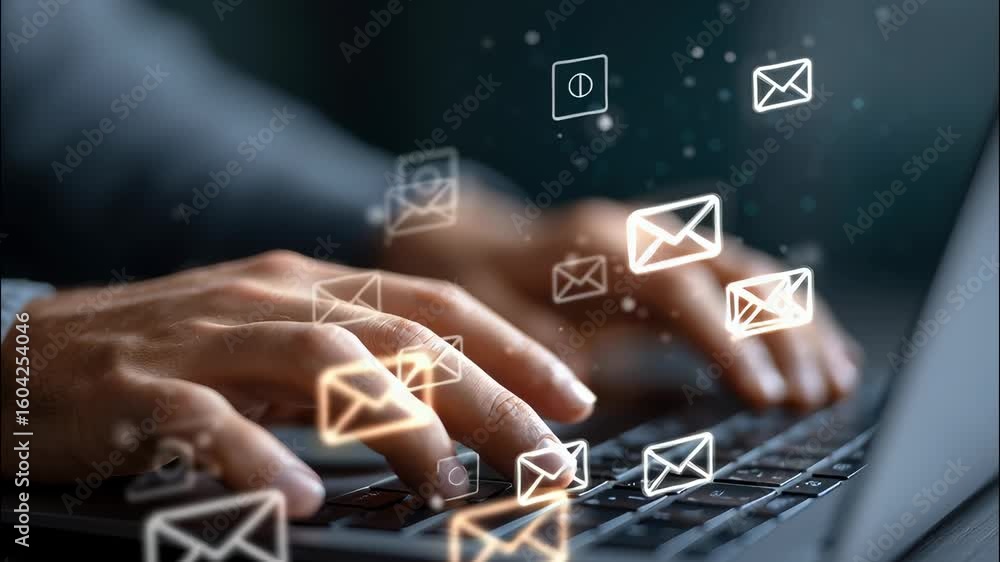 Poster businessman email working is laptop suggesting with icons floating above keyboard, on sending and re