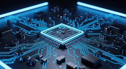 Closeup of a glowing blue computer processor on a circuit board