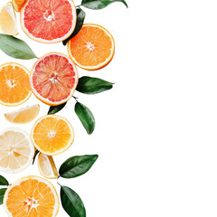 Fototapeta premium Vibrant citrus slices and leaves against black