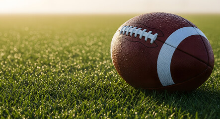 Fototapeta premium American football resting on green grass field, showing laces and water droplets in sunlight.