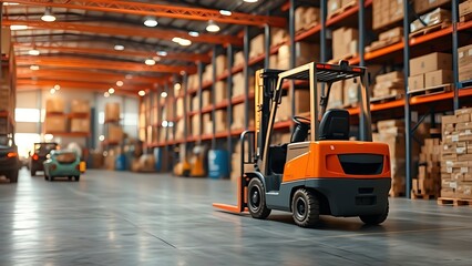Fototapeta premium Industrial warehouse scene with a forklift, highlighting logistics in natural ambient light.