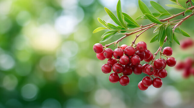 Pink peppercorn berries on branch with blurred botanical background. perfume ingredients.