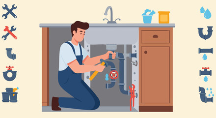 Plumber Fixing Kitchen Sink Pipes Tools
