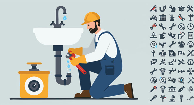 Plumber Fixing Leaking Sink Pipe with Wrench Service