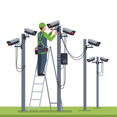 Technician Fixing Security Camera on Ladder Outdoors