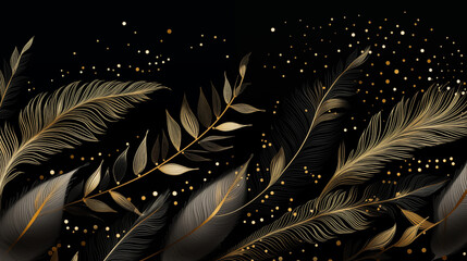 Fond noir avec ornements en or, repr&eacute;sentant des feuillages, feuilles et plantes dor&eacute;es. &Eacute;l&eacute;gant, luxe, sobre. Fond d&eacute;coratif pour conception et cr&eacute;ation graphique. 