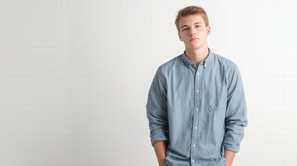 Fototapeta premium Casual Portrait of a Young Man in a Light Blue Shirt Against a Minimalist Background