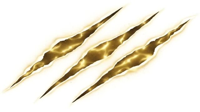 Claw scratch marks on white background. Golden texture, ripped paper, energy effect. Abstract design