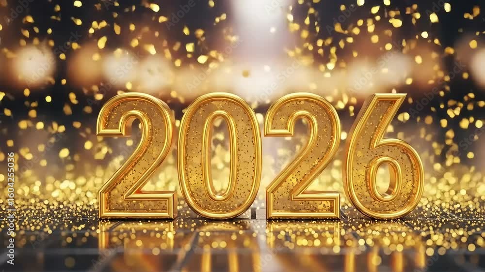 Poster golden numbers 2026 shine brightly with sparkling glitter and bokeh lights, creating a festive and l