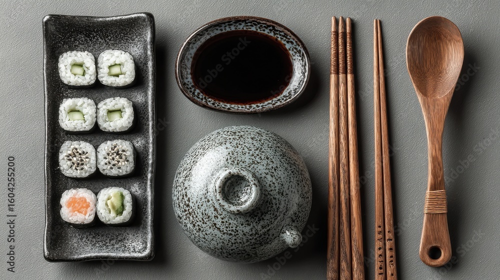 Poster clean table setup with sushi and chopsticks, minimal style
