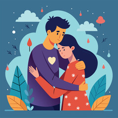 Couple embracing in stormy weather with plants vector
