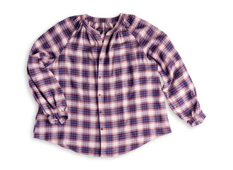 Top view of single casual purple plaid flannel blouse or shirt with long sleeves, collar and buttons isolated on white background used as cozy comfortable oversize clothes for cold autumn season