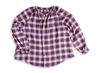 Top view of single casual purple plaid flannel blouse or shirt with long sleeves, collar and buttons isolated on white background used as cozy comfortable oversize clothes for cold autumn season
