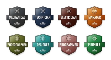 Set of vector badges with professions, mechanical, technician, electrician, manager, photographer, designer, programmer, plumber labels on white background