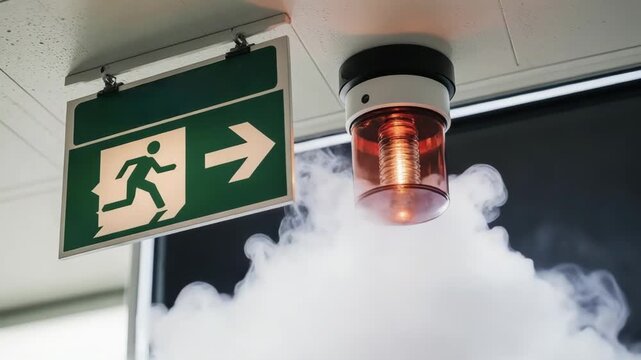 Emergency exit sign and fire alarm with strobe light activated by smoke indoors