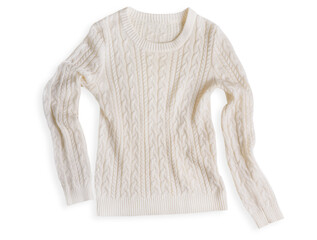 Top view of single cream coloured autumn warm casual cable knit sweater made from wool woven fabric textile isolated on white background used as comfortable cozy clothes for cold autumn season