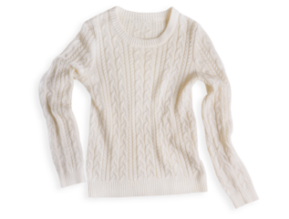 Top view of single cream coloured autumn warm casual cable knit sweater made from wool woven fabric textile isolated on white background used as comfortable cozy clothes for cold autumn season