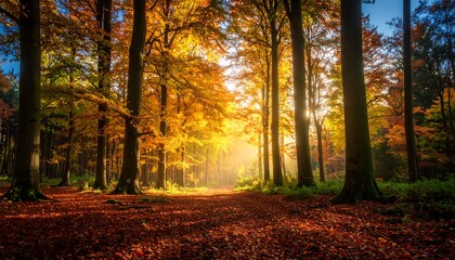 Obraz premium Autumn forest path bathed in sunlight (2)