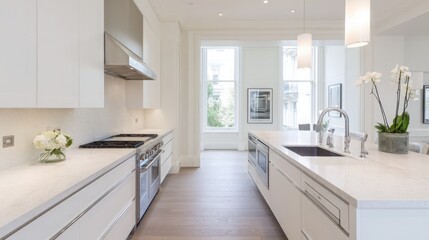 modern minimalist kitchen, white cabinets, clean lines, marble countertop, built-in appliances, natural light, wooden floor, spacious and elegant 