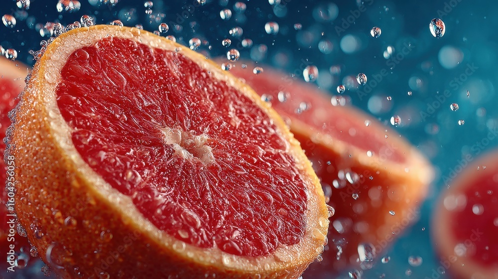 Poster cut grapefruit with water drops and empty background